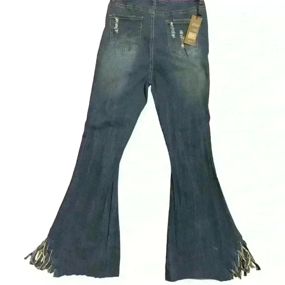 Ladies Ripped Flare Jeans Raw Hem Size L High Waist - Picture 3 of 6